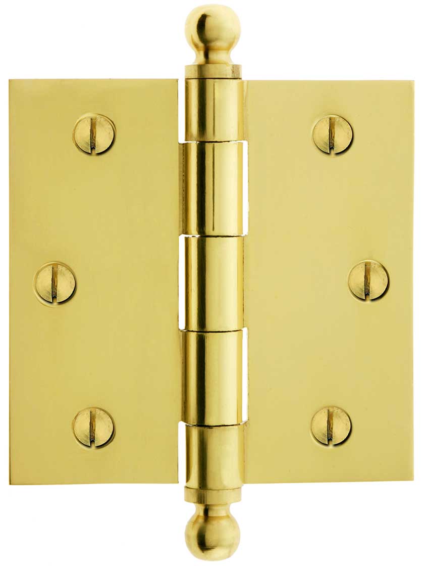 3 1/2 inch Solid Brass Door Hinge With Ball Finials in Polished Brass.